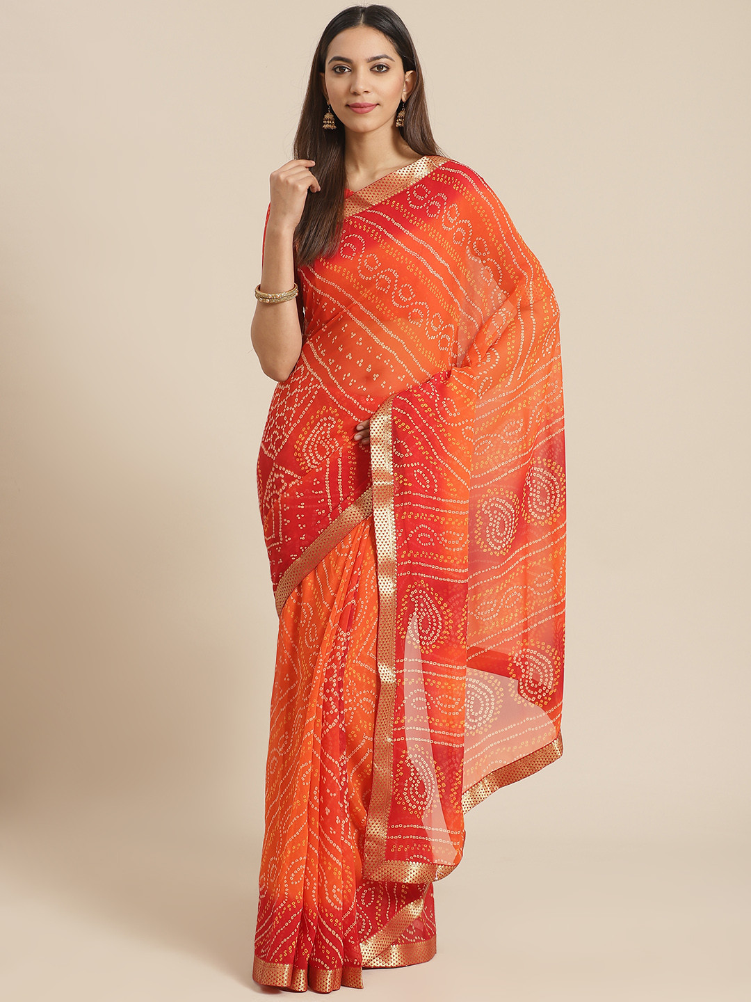 Saree mall Red & Orange Printed Bandhani Saree