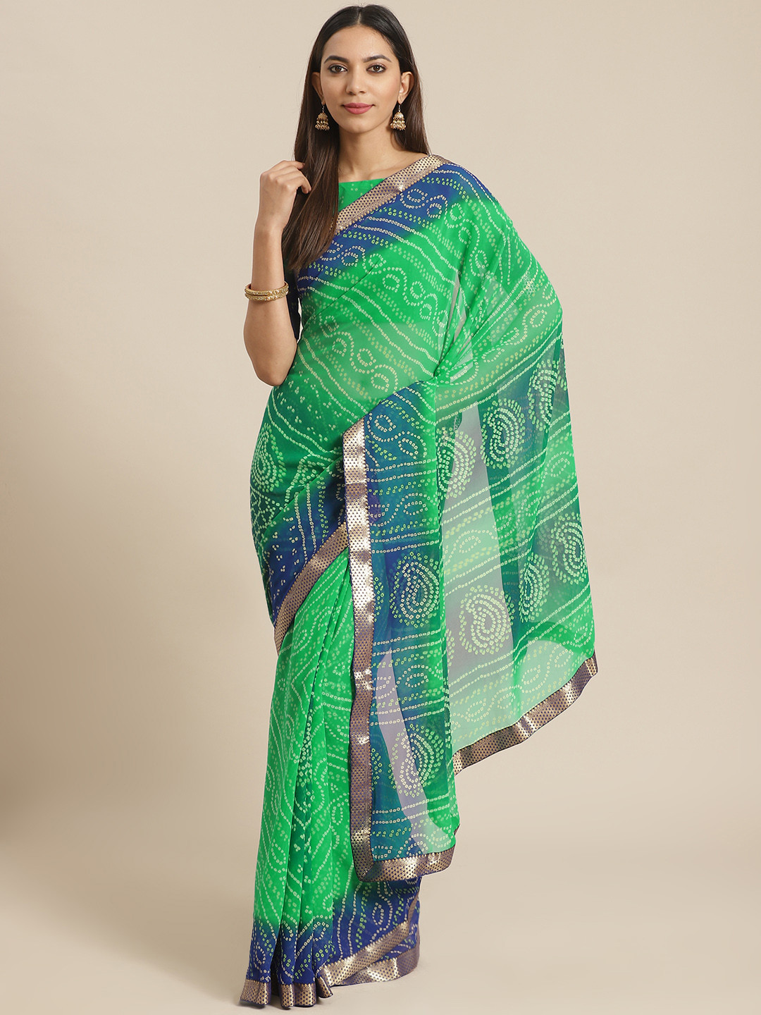 Saree mall Green & Blue Printed Bandhani Saree