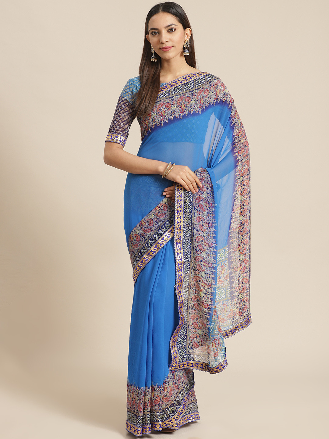 Saree mall Blue Solid Bandhani Saree with Bandhani Print Detail