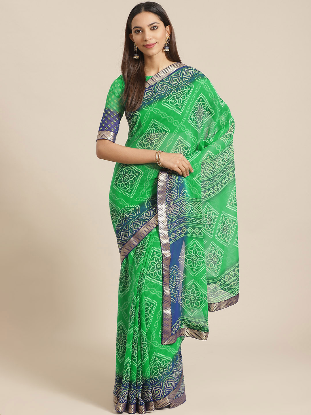 Saree mall Green & Blue Printed Bandhani Saree