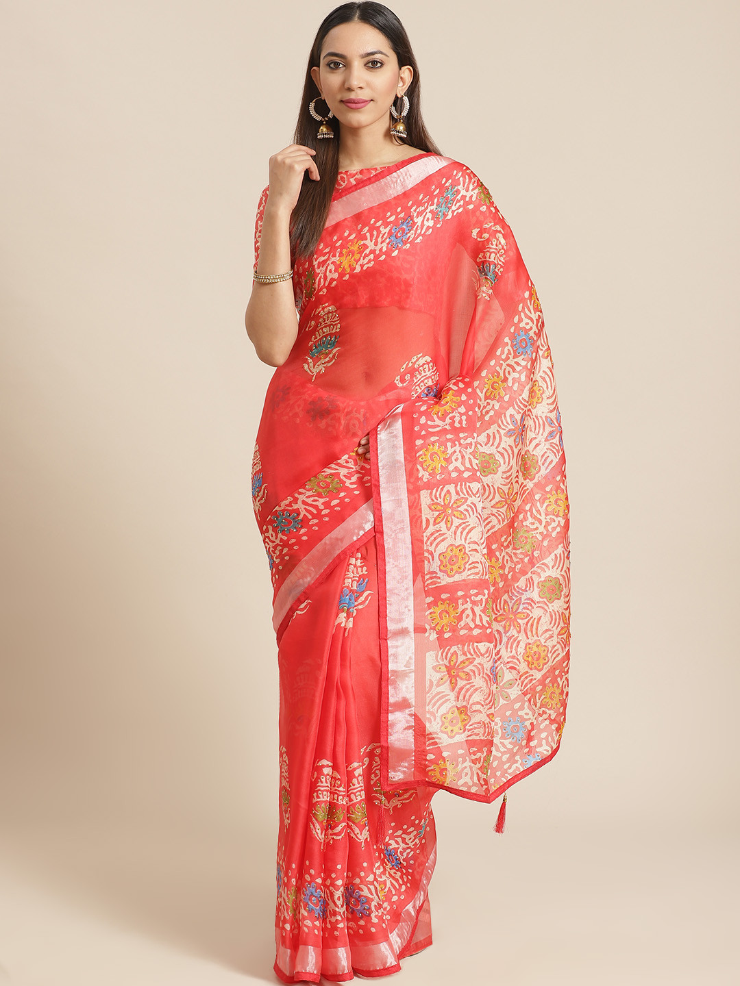 Saree mall Coral Red & Off-White Block Print Saree
