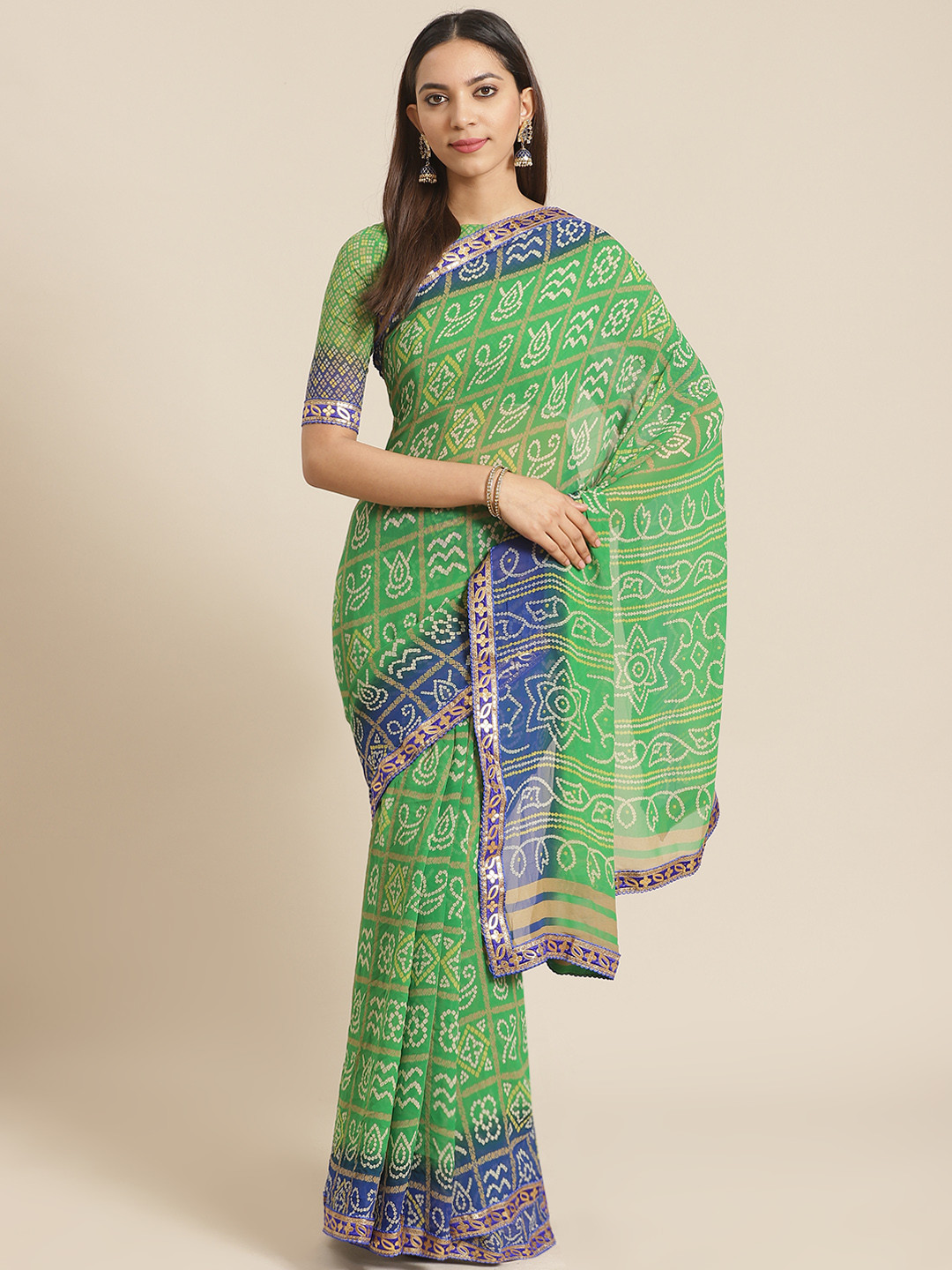 Saree mall Green & Blue Printed Bandhani Saree
