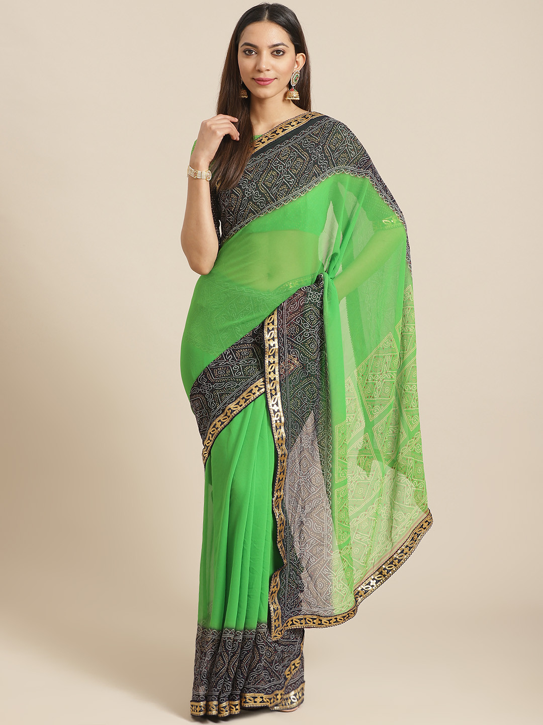Saree mall Green & Black Printed Bandhani Saree