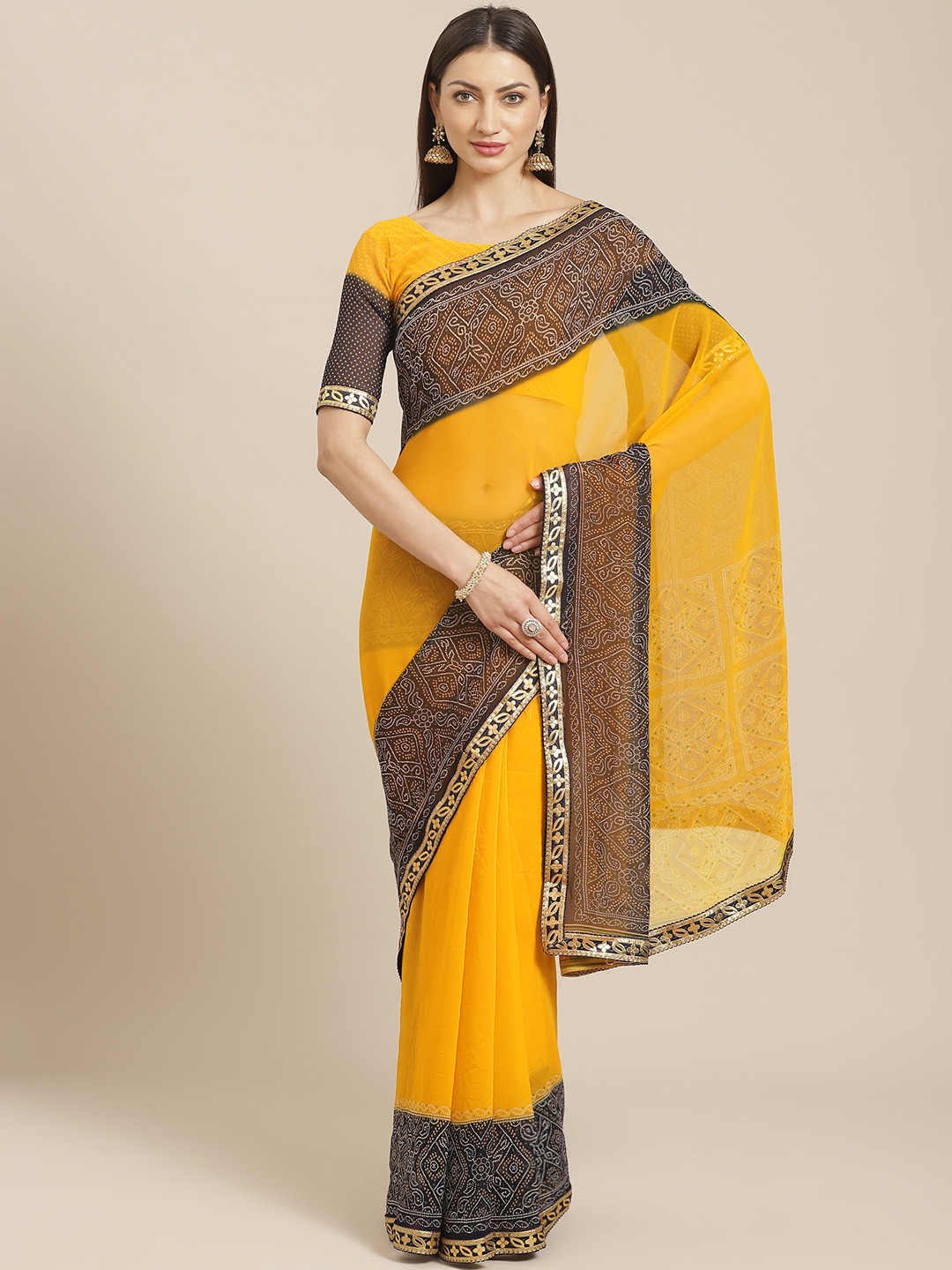 Saree mall Mustard Yellow & Navy Blue Solid Bandhani Saree