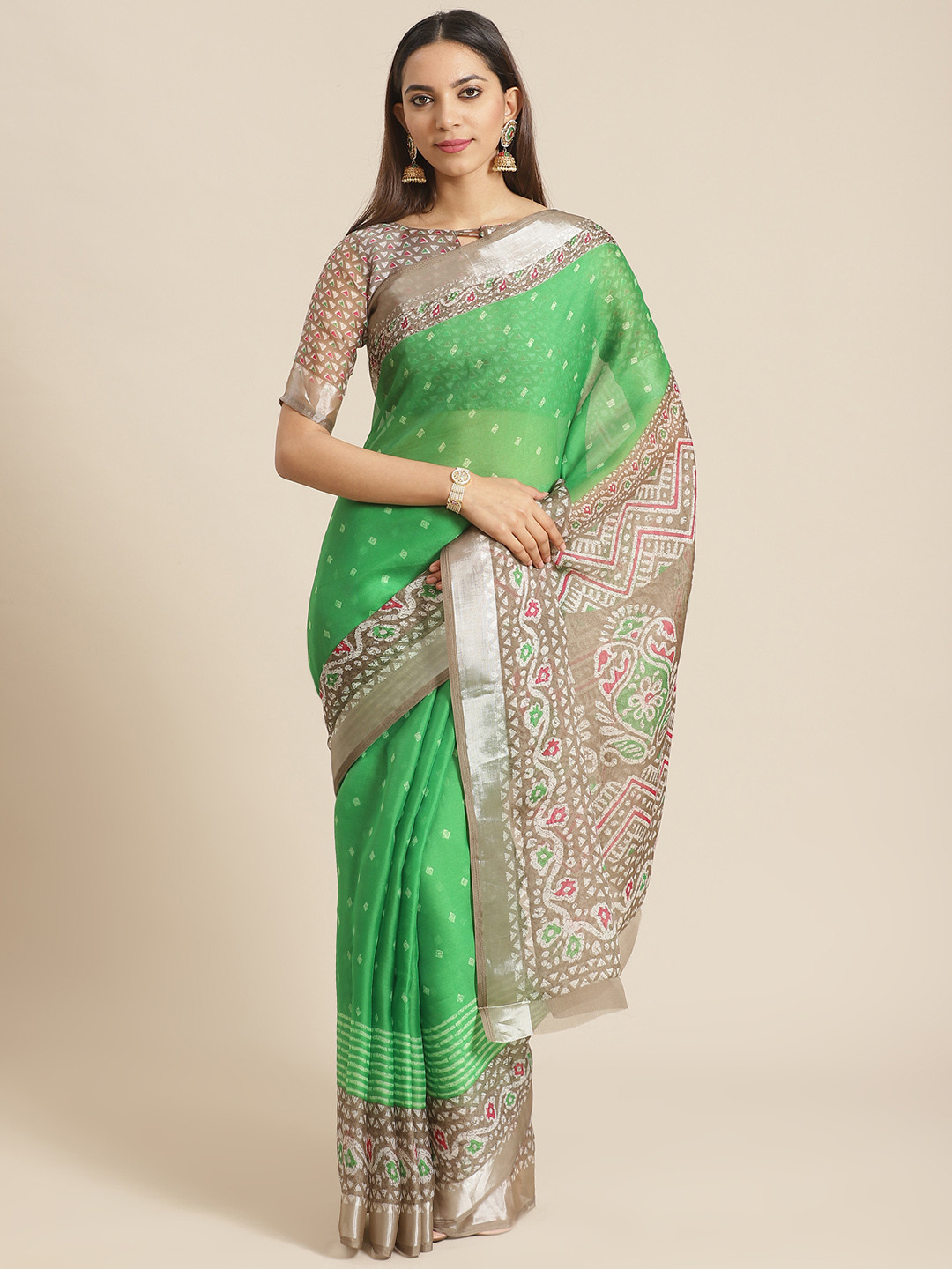 Saree mall Green & Taupe Block Print Saree