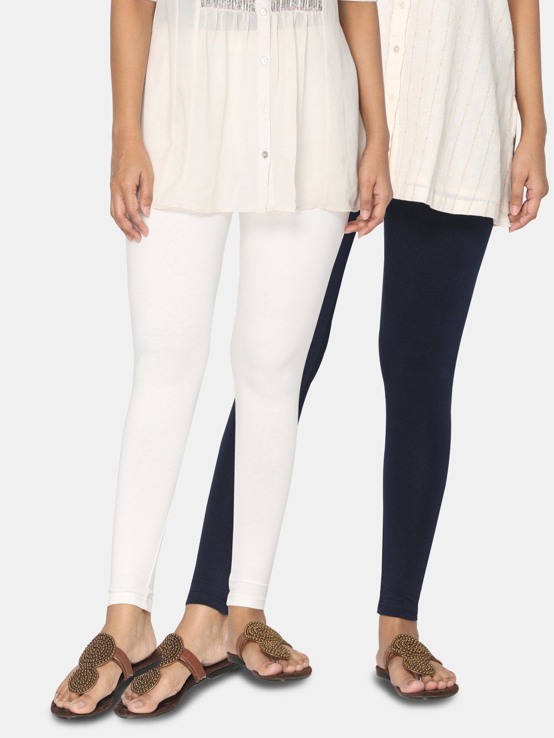 Women Pack of 2 OFF WHITE and NAVY Ankle Length Leggings