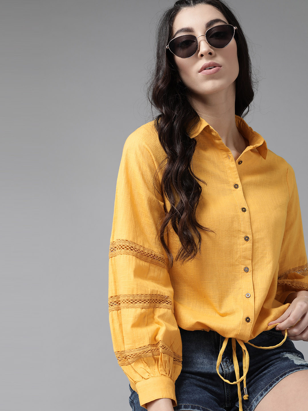 Roadster Women Yellow Solid Pure Cotton Shirt with Lace Inserts