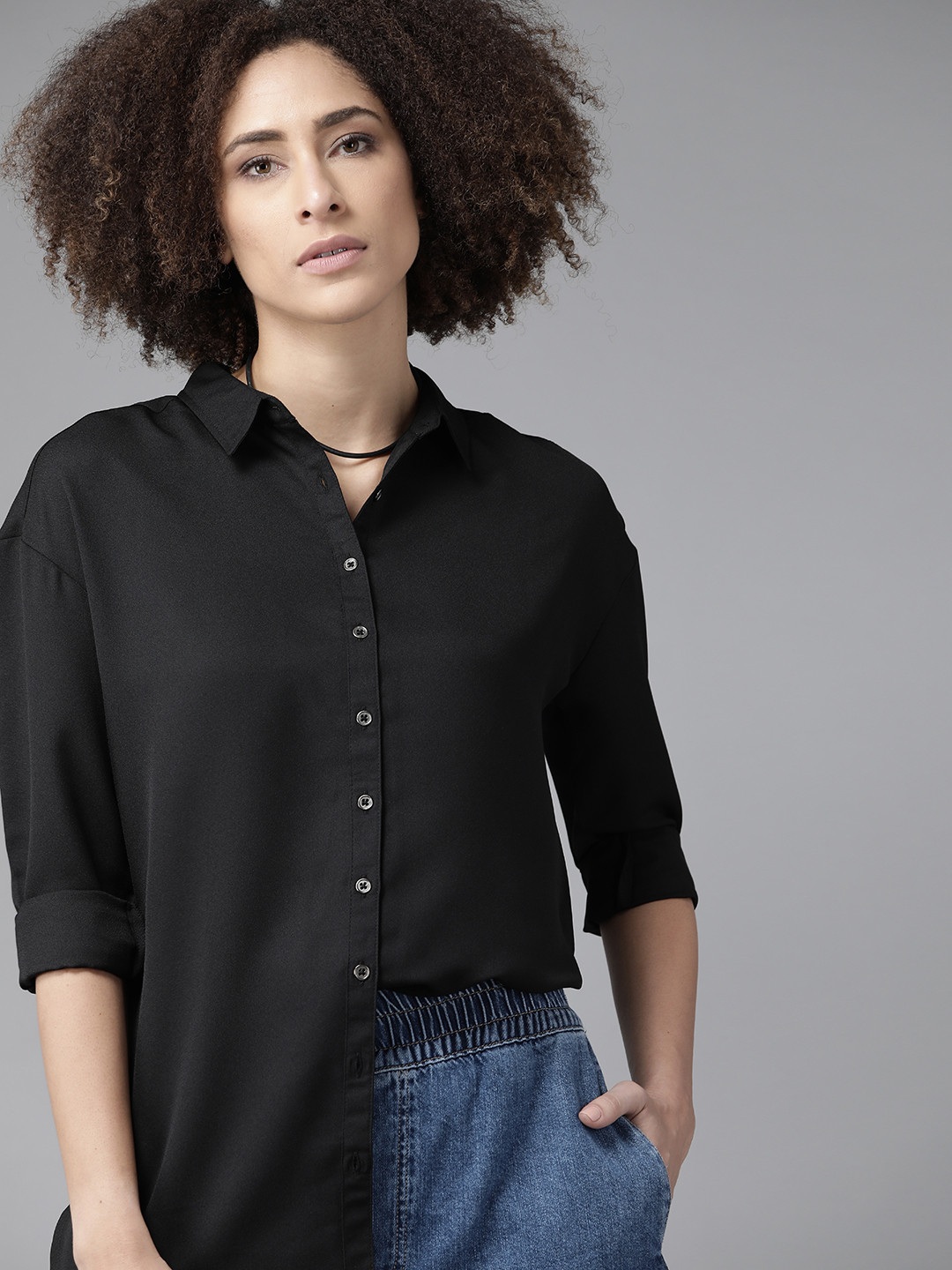 The Roadster Lifestyle Co Women Black Opaque Eco-responsible Recycled Polyester Shirt
