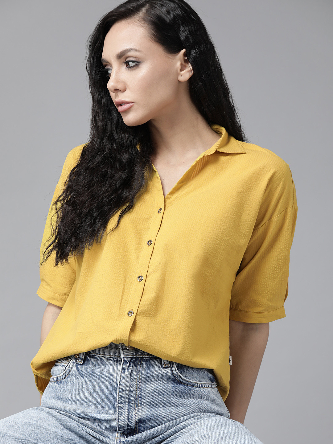 The Roadster Lifestyle Co Women Mustard Yellow Self Design Pure Cotton Casual Shirt