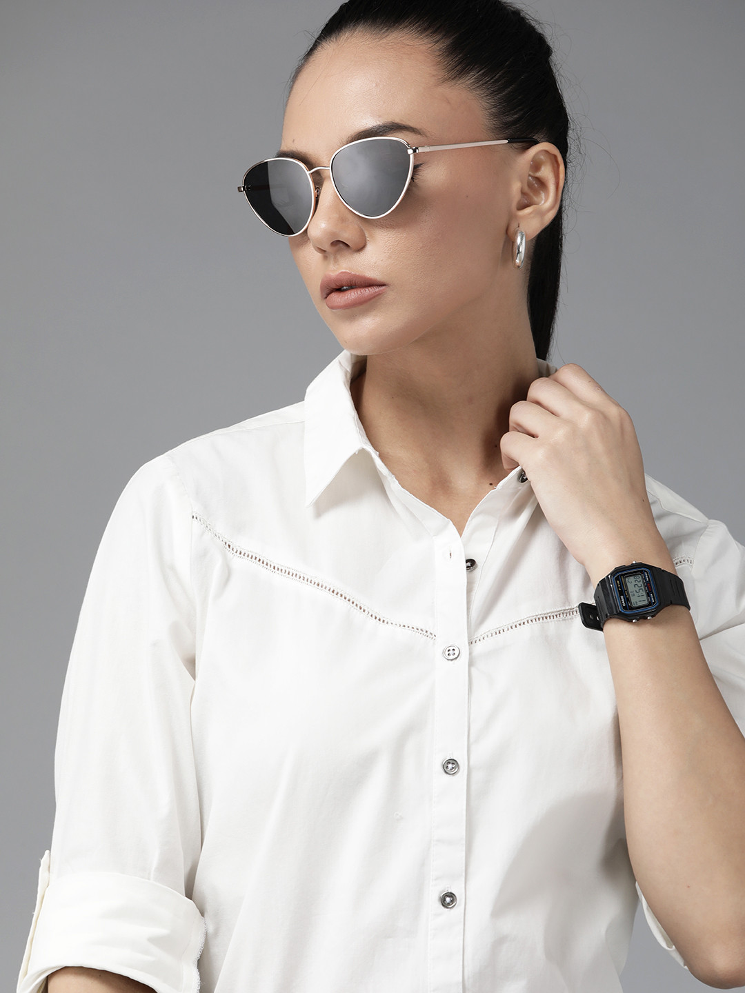 The Roadster Lifestyle Co Women White Cotton Solid Casual Shirt