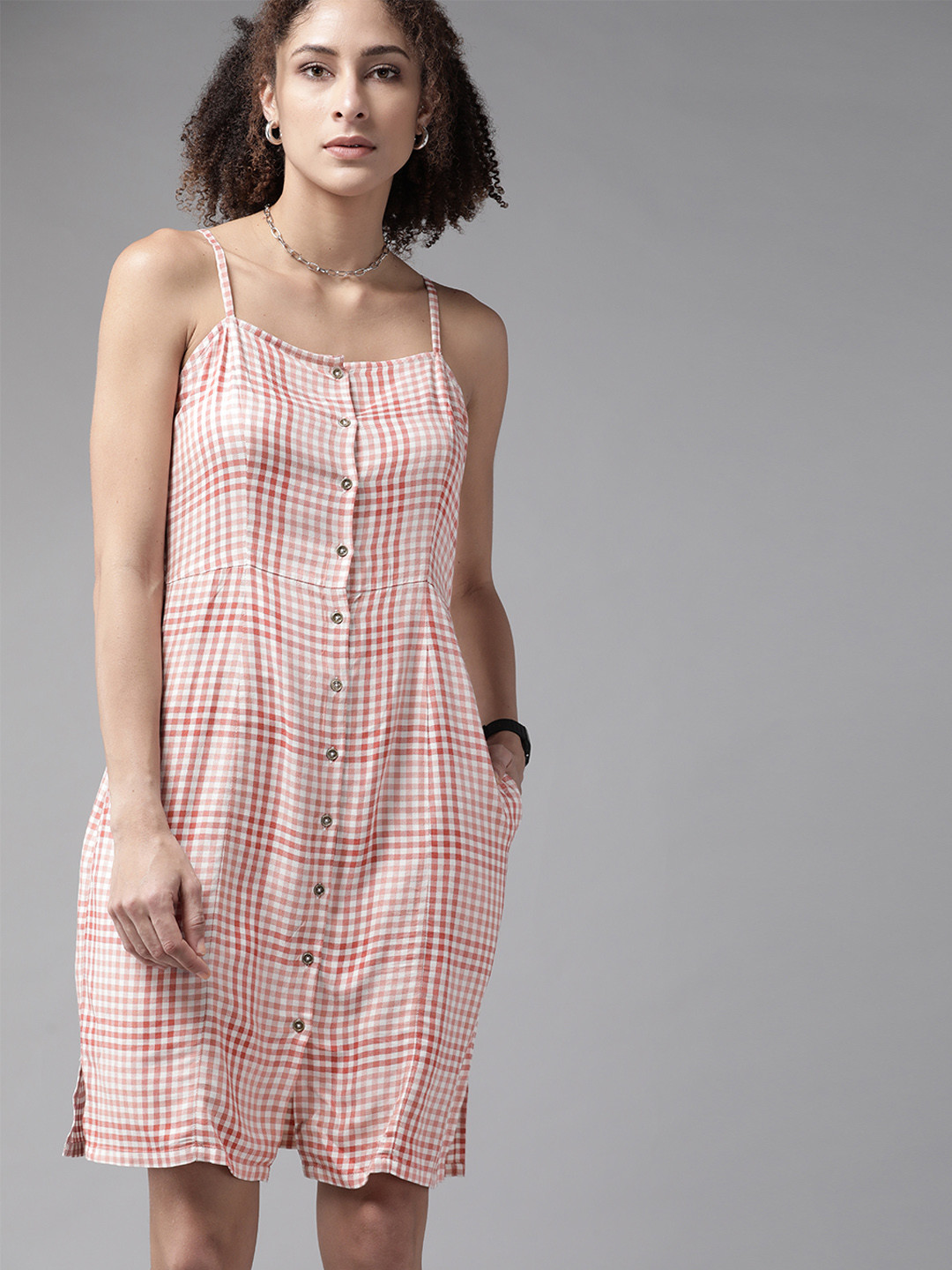 The Roadster Lifestyle Co Beige & Pink Checked Shoulder Straps Shirt Dress