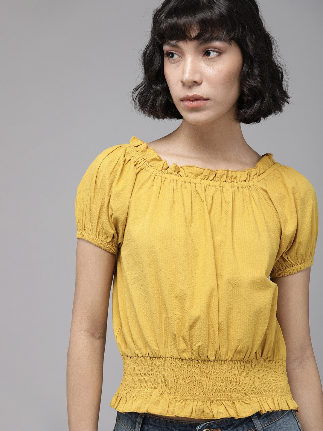 The Roadster Lifestyle Co. Mustard Yellow Self-designed Blouson Top