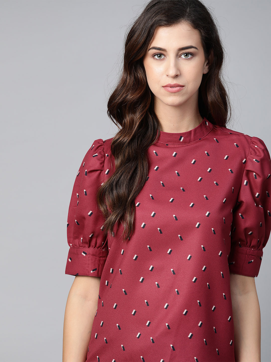 The Roadster Lifestyle Co Maroon Recycled Polyester Printed Puff Sleeve Top