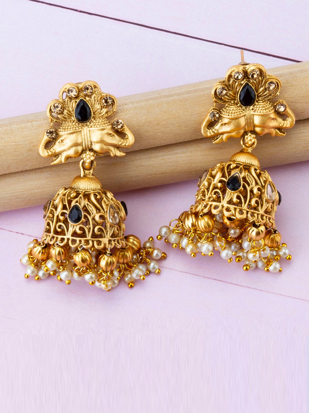 Jewels Galaxy Black & Off-White Gold-Plated Dome Shaped Jhumkas