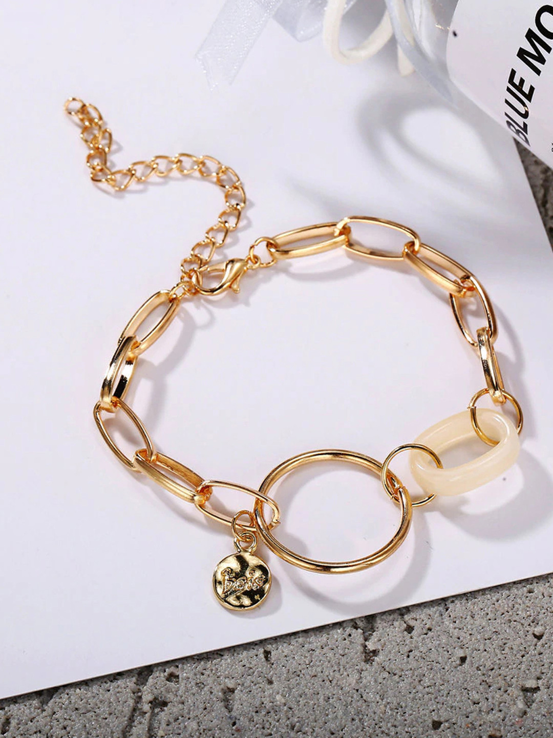 Jewels Galaxy Off-White Gold-Plated Link Bracelet with Coin Detail