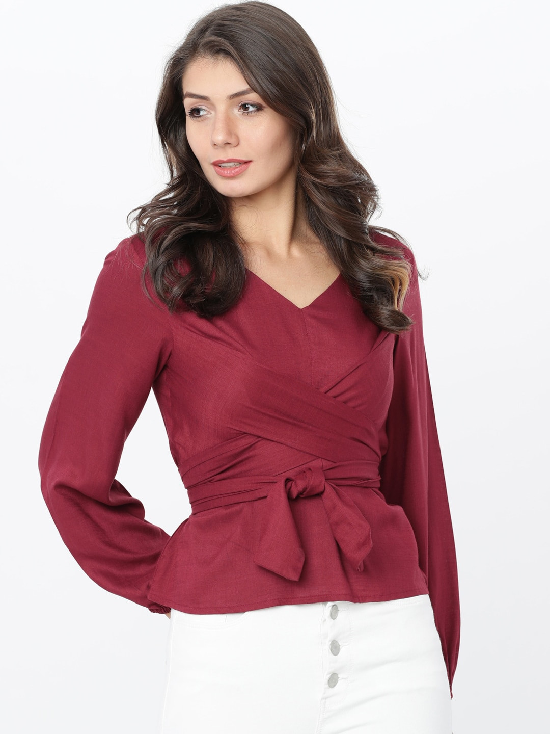 Tokyo Talkies Women Burgundy Solid Cinched Waist Top