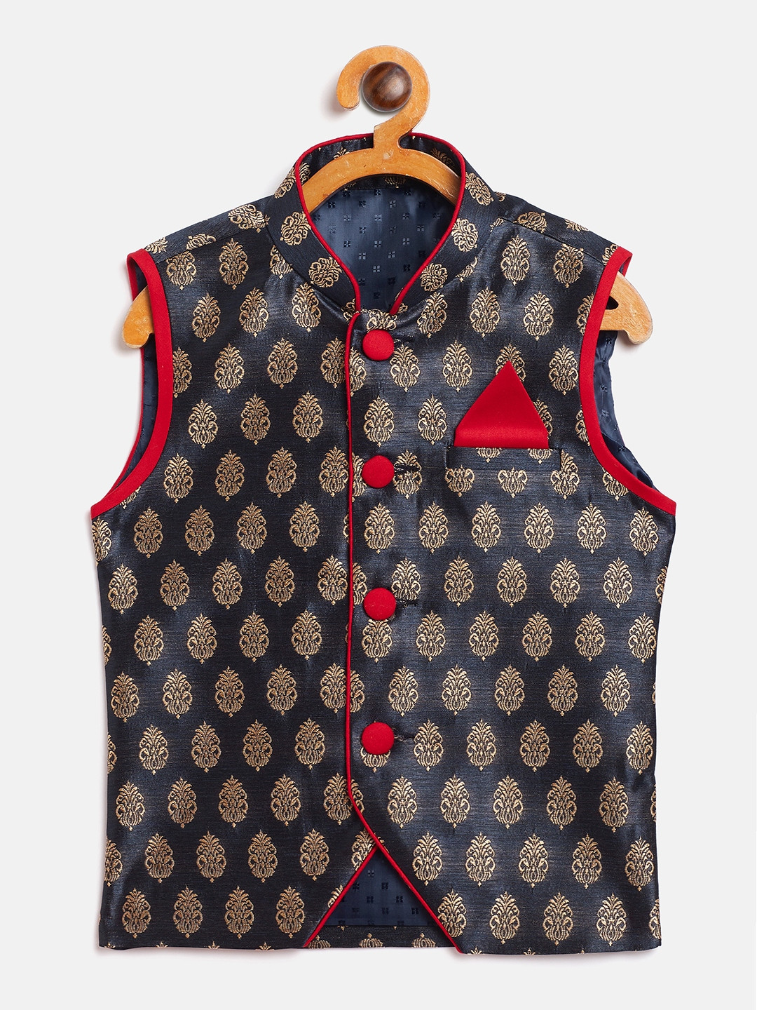 YK Boys Navy Blue & Beige Woven Design Nehru Jacket