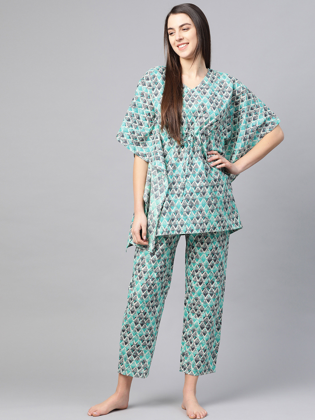 YASH GALLERY Women Blue & Charcoal Grey Printed Night Suit