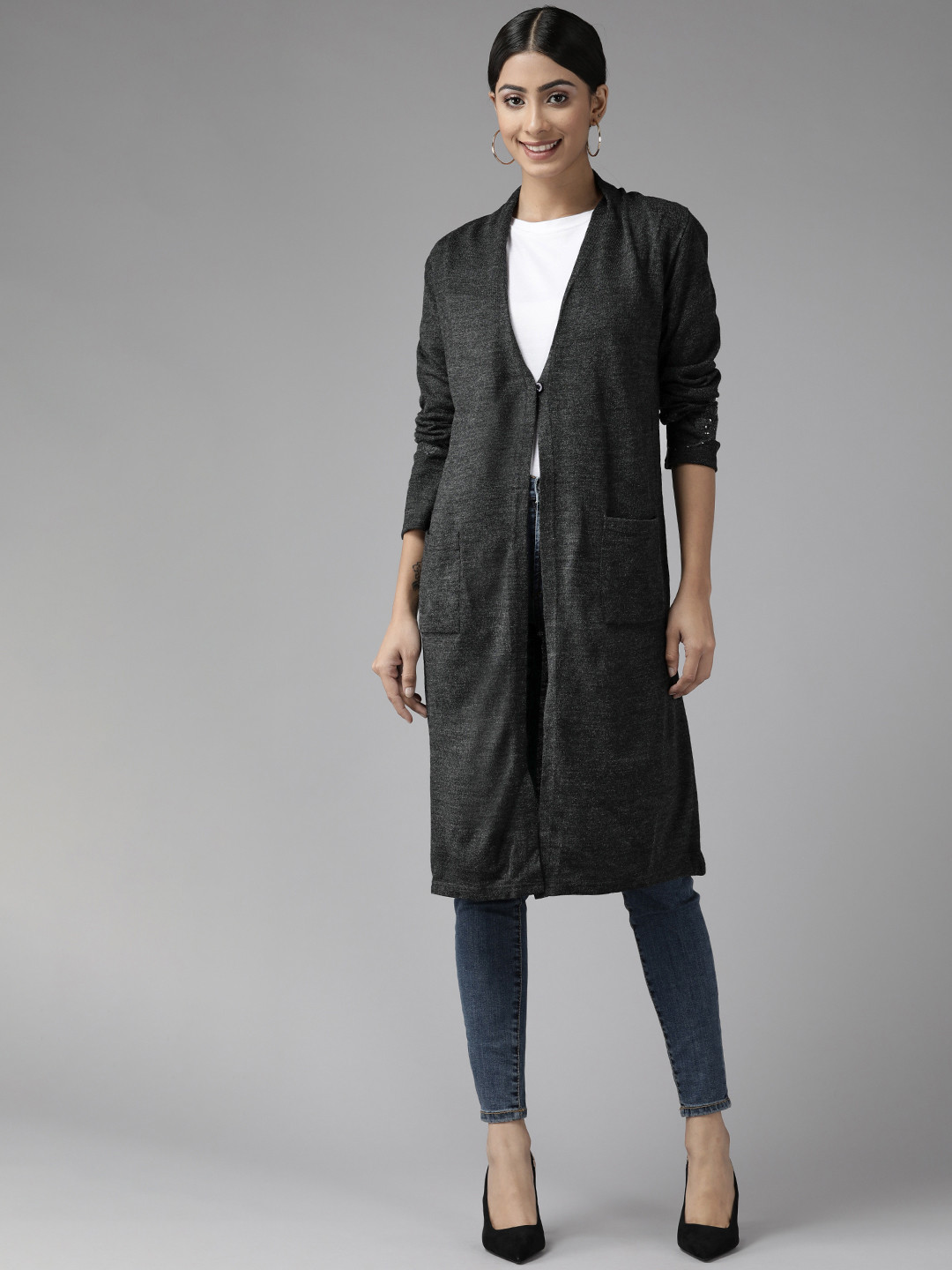 W Women Charcoal Melange Longline Front Open Sweater