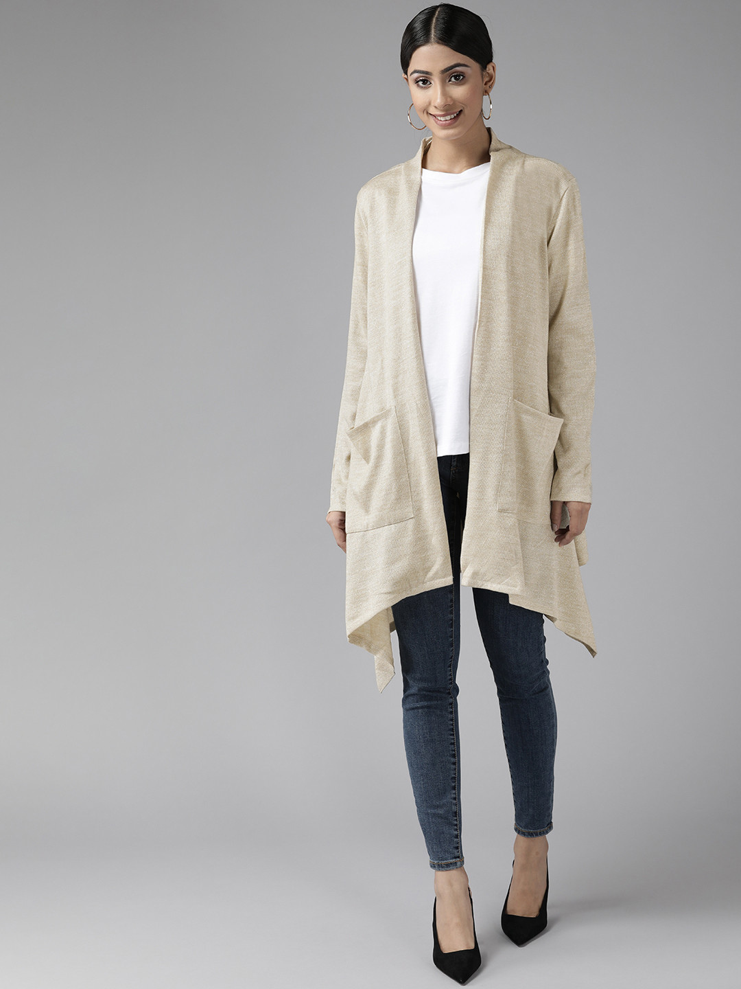W Women Beige Blingy Longline Front Open Sweater