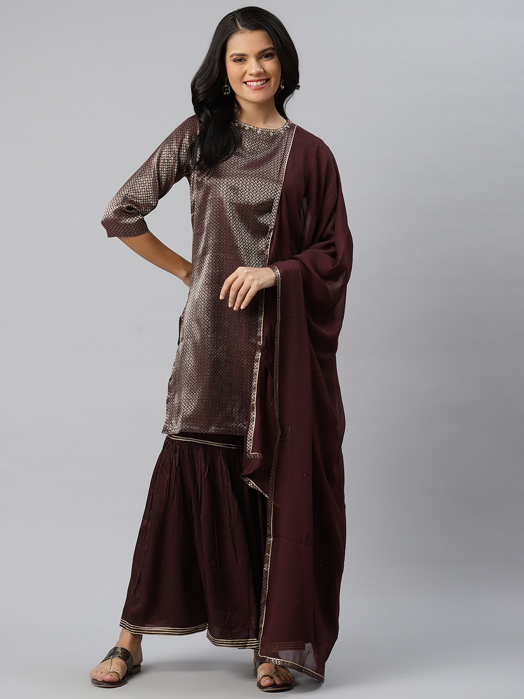 W Women Burgundy & Golden Woven Design Kurta with Sharara & Dupatta