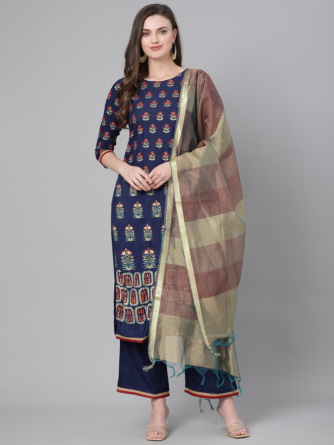 Indo Era Women Navy Blue & Green Foil Print Kurta with Palazzos & Dupatta