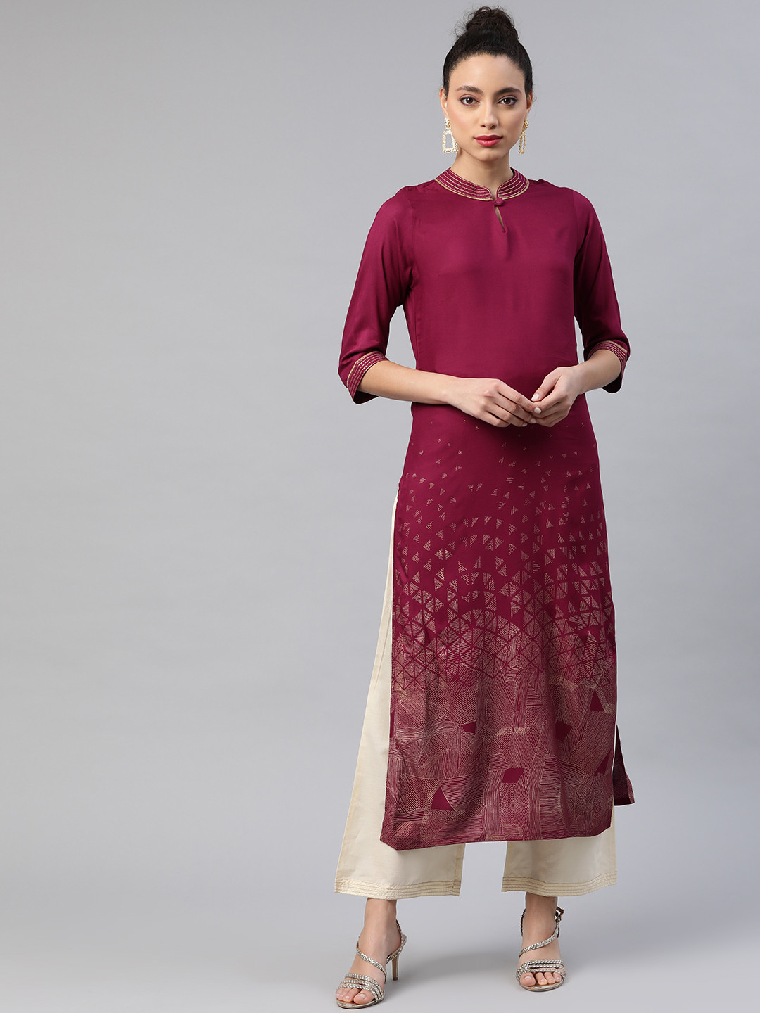 Indo Era Women Purple & Golden Foil Printed Straight Kurta