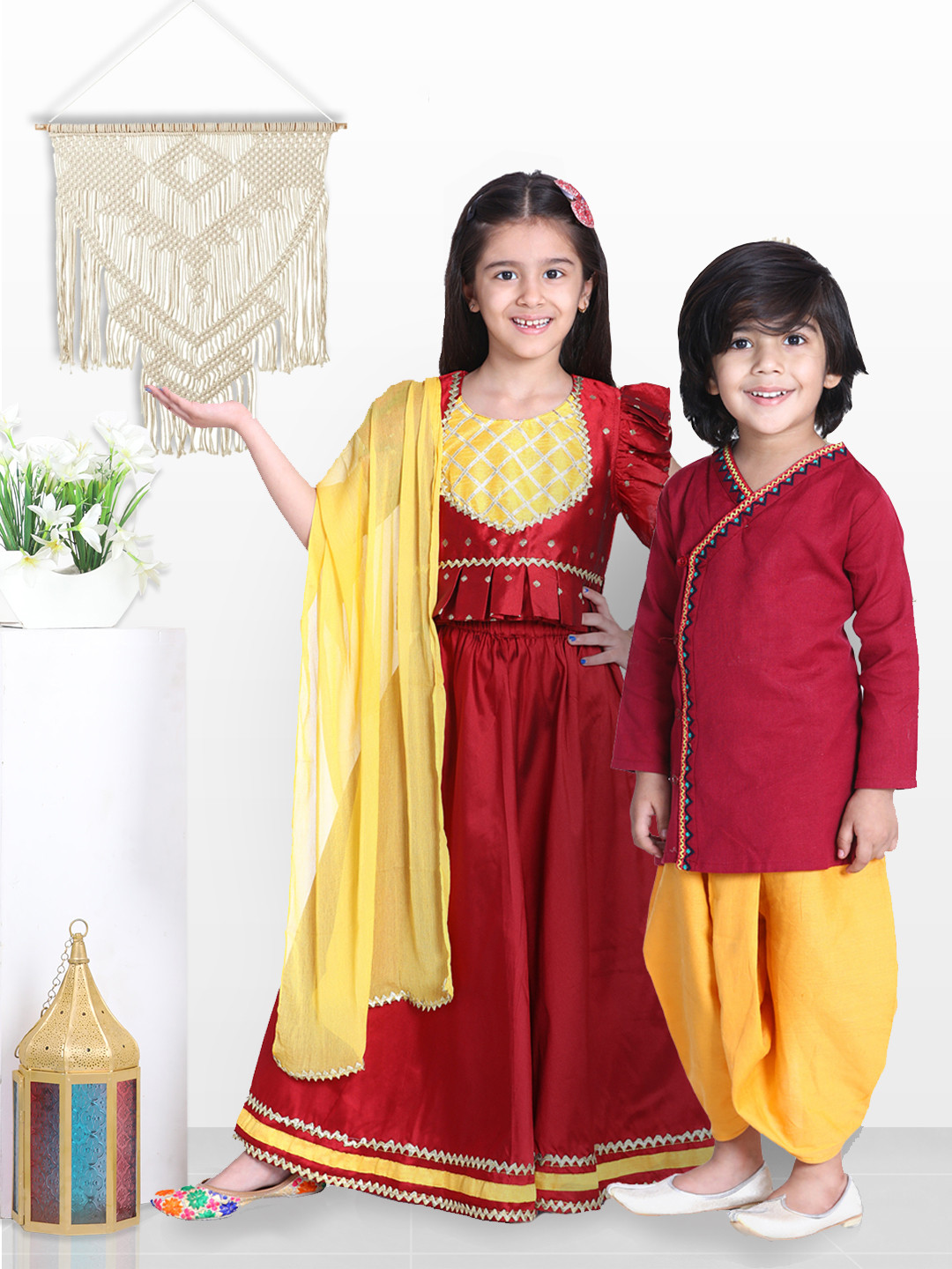 BownBee Girls Red & Yellow Embellished Lehenga Choli With Dupatta