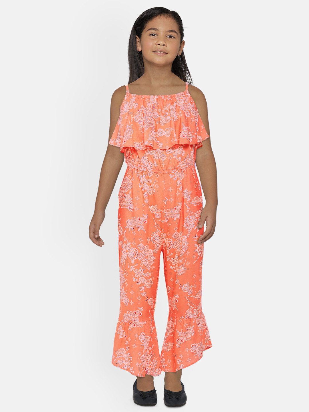 Global Desi Girls Coral Orange Printed Basic Jumpsuit