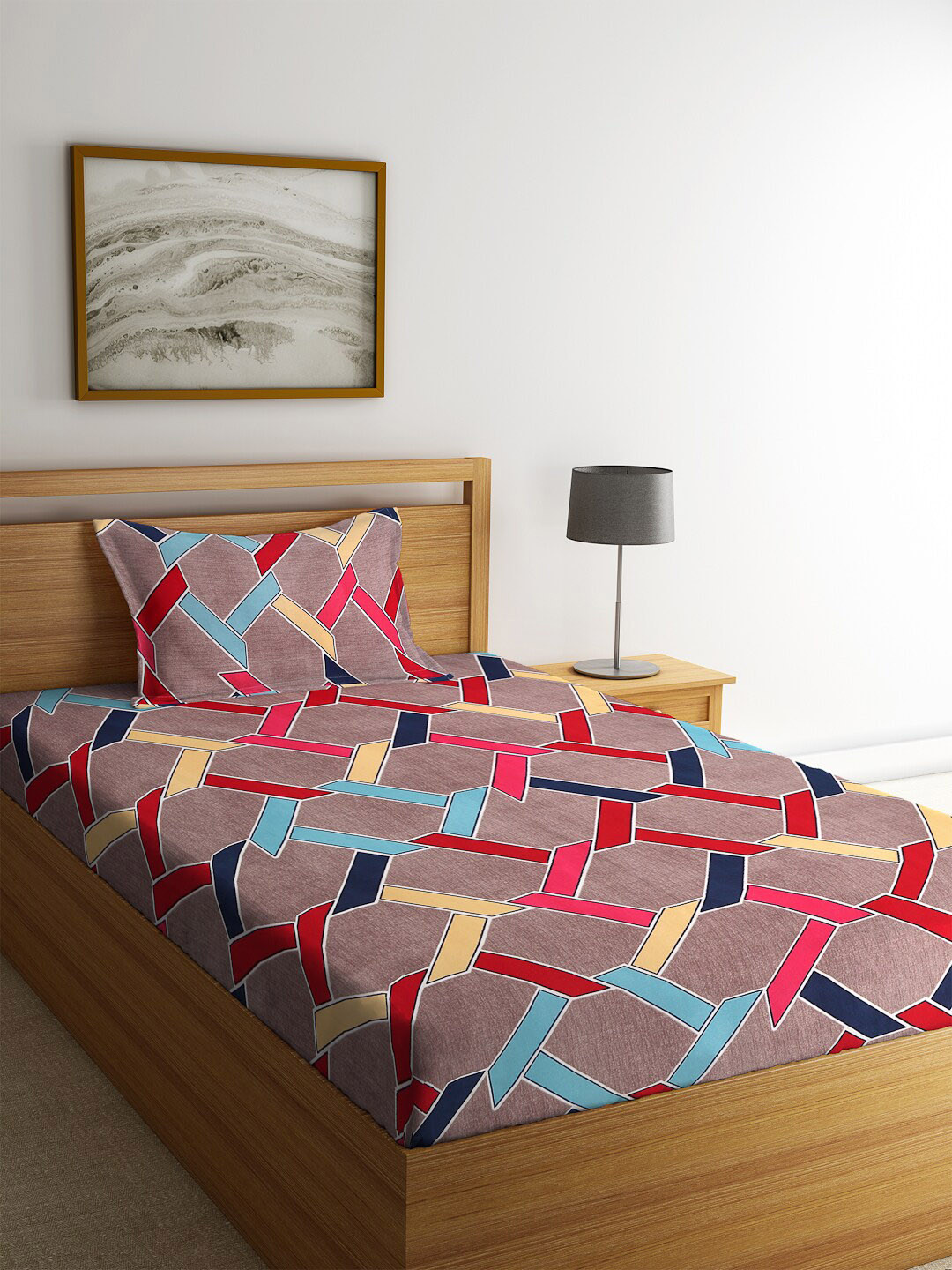 HOSTA HOMES Brown Geometric Polycotton 210 TC Single Fine Bedsheet with a Pillow Cover-90 x 60 inches