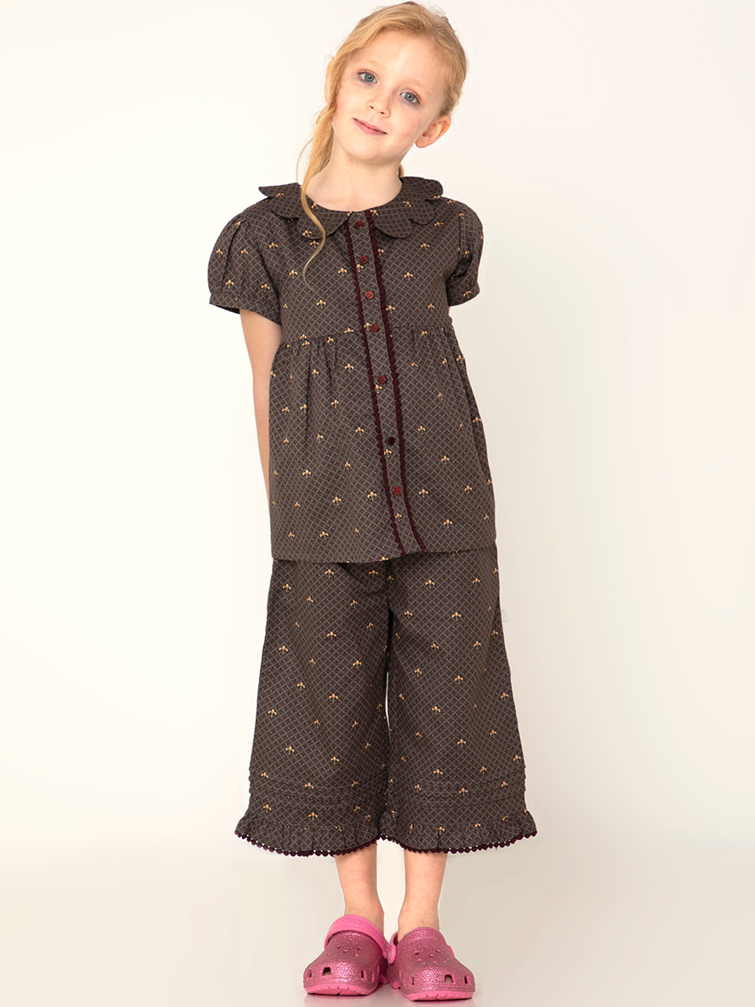 Cherry Crumble Girls Brown & Maroon Ethnic Motifs Print Cotton Night suit