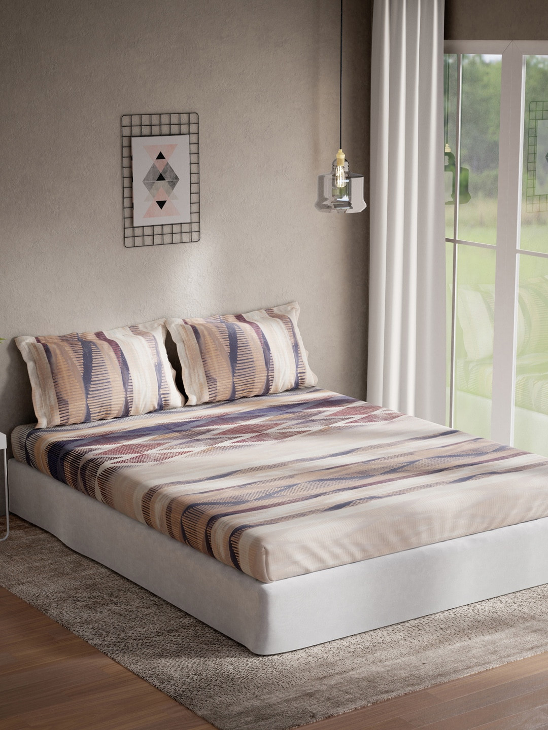 DDecor Beige & Grey Printed 140 TC Queen Bedsheet With 2 Pillow Covers