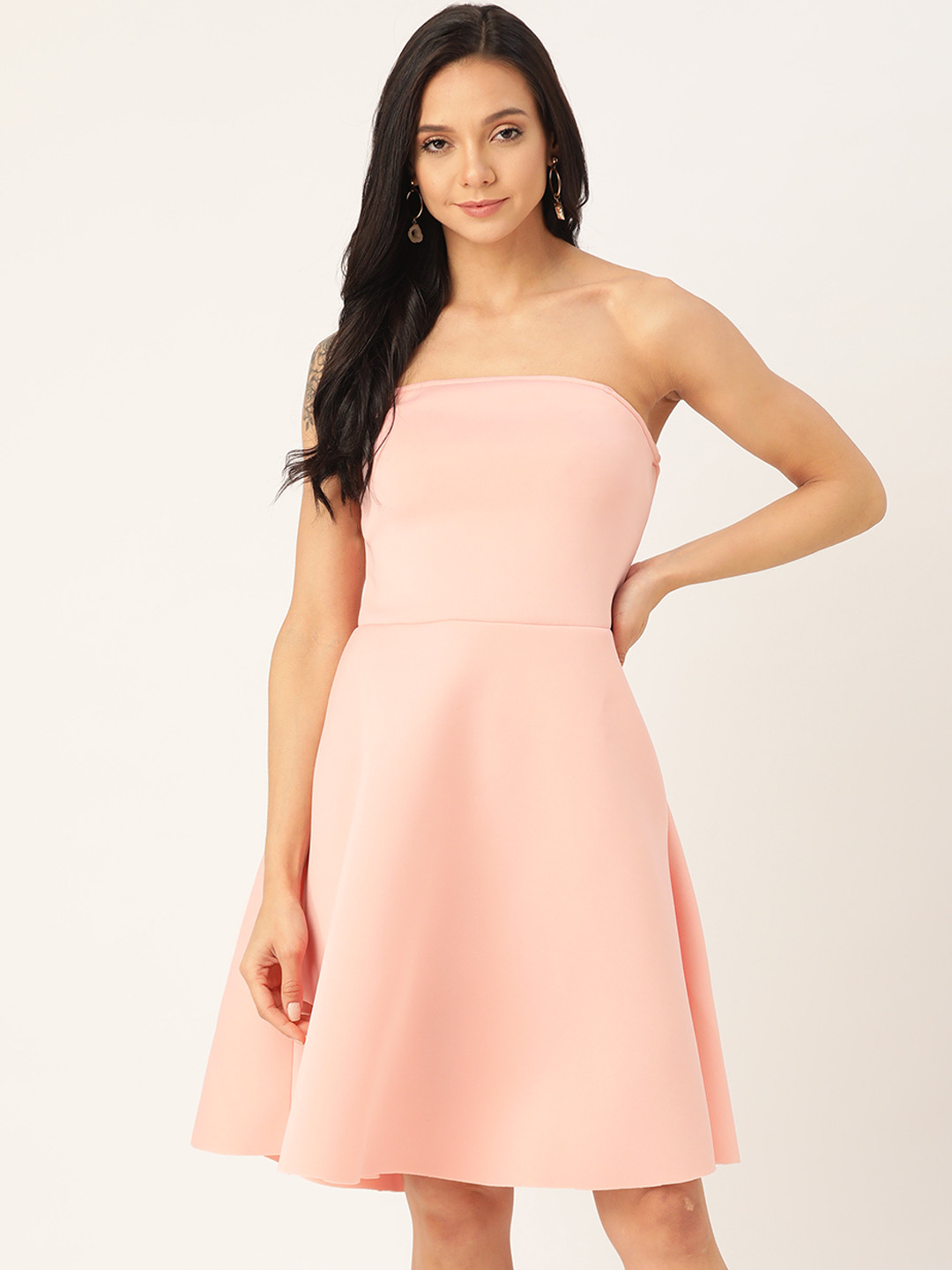 DODO & MOA Women Peach-Coloured Solid Strapless Knee Length A-Line Dress