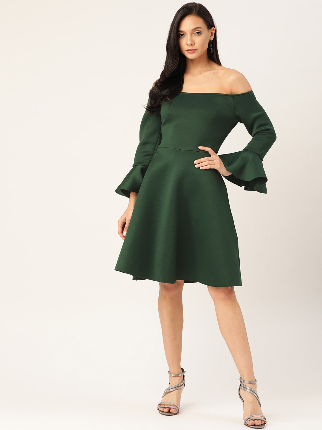 DODO & MOA Women Teal Green Solid Off-Shoulder Fit and Flare Dress With Bell Sleeves