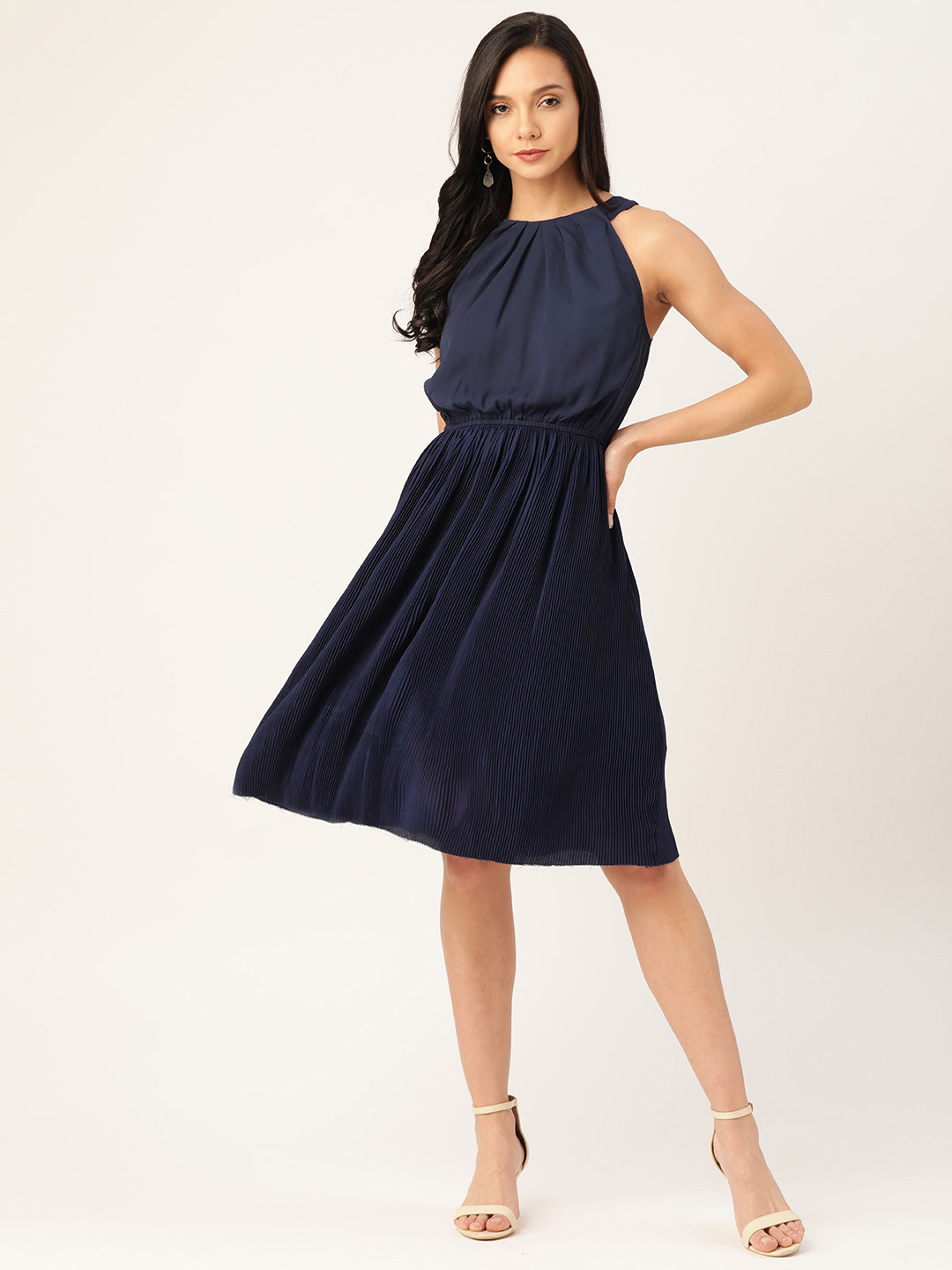 DODO & MOA Women Navy Blue Solid Accordion Pleated Blouson Dress