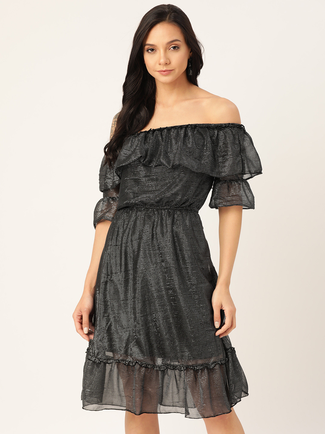 DODO & MOA Women Black & Silver Woven Design Off-Shoulder A-Line Dress With Shimmer Detail