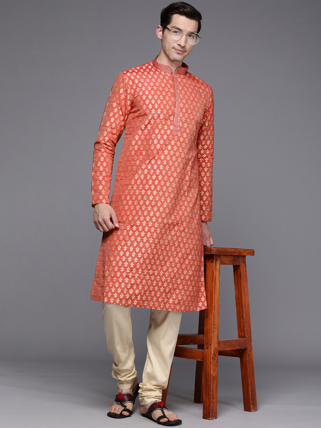 Manyavar Men Red Ethnic Motifs Woven Design Kurta with Churidar