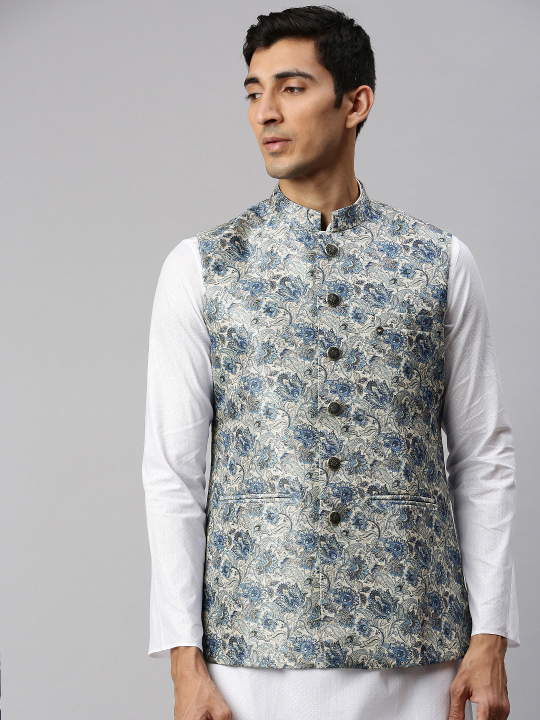 Manyavar Men Grey & Blue Printed Nehru Jacket