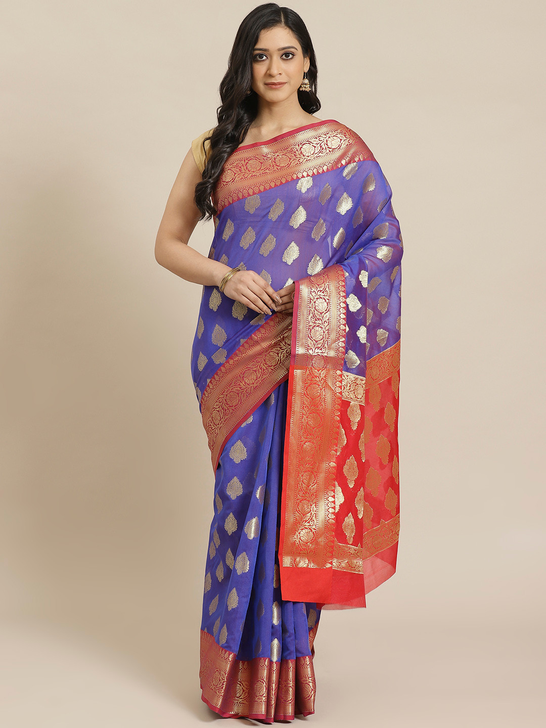 swatika Blue & Golden Handloom Woven Design Chanderi Saree