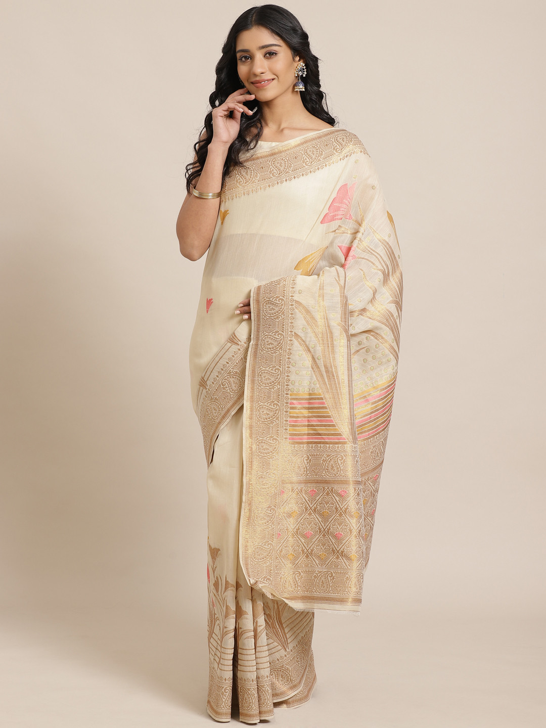 Saree mall Beige & Golden Woven Design Banarasi Saree