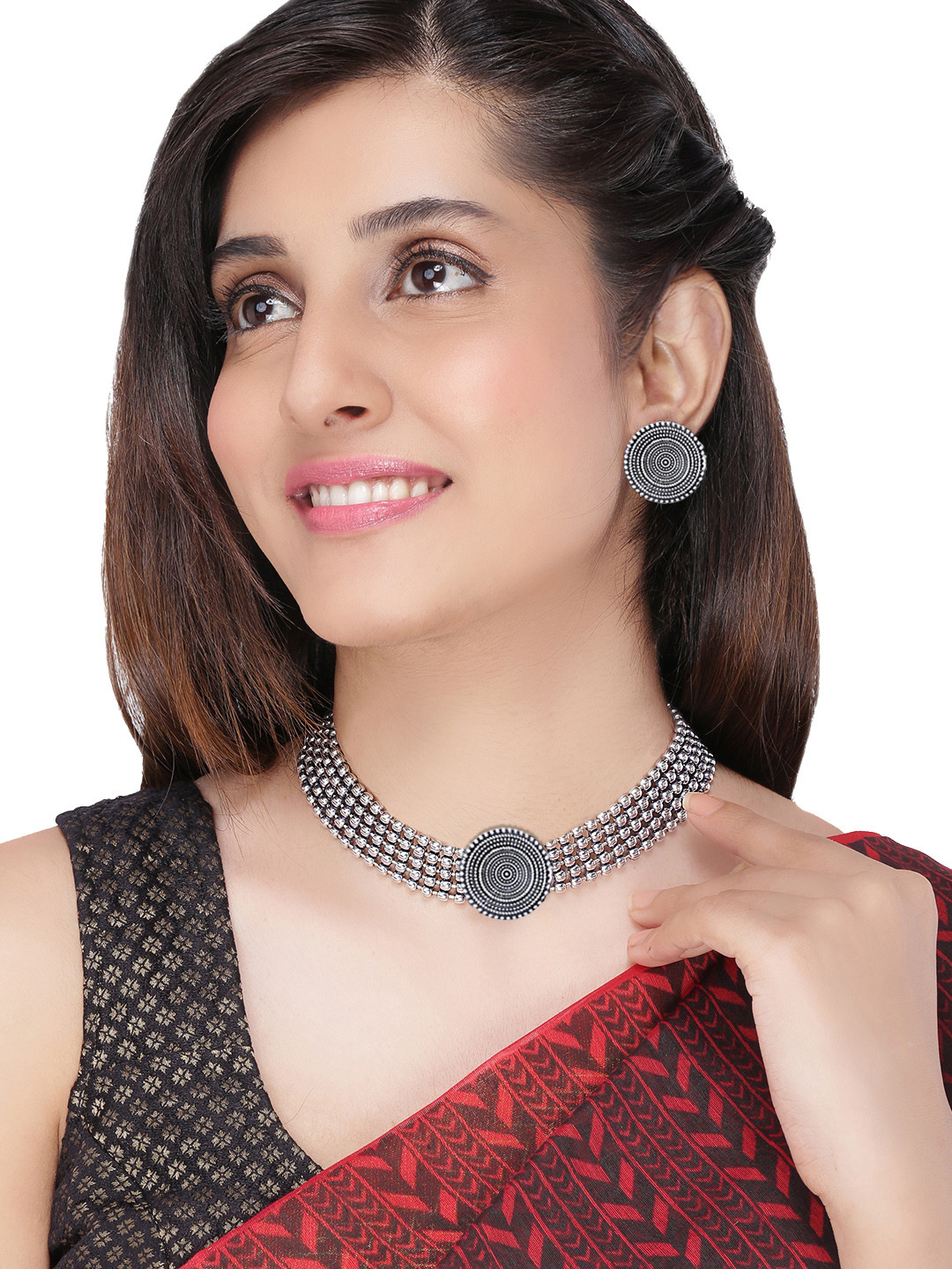 Yellow Chimes Oxidized Brass-Plated Silver-Toned Jewellery Set