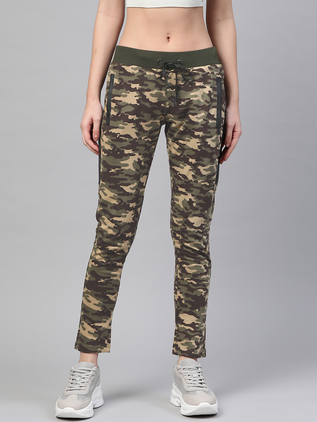 M7 by Metronaut Women Olive Green & Brown Camouflage Print Slim Fit Track Pants