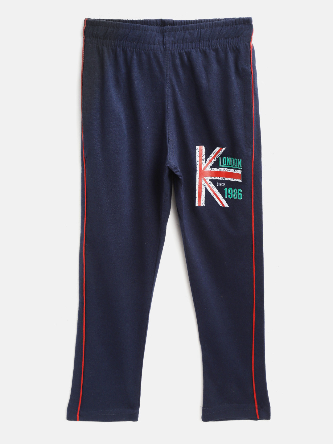 CHIMPRALA Kids Navy Blue Cotton Solid Antimicrobial Track Pants with Printed Detail