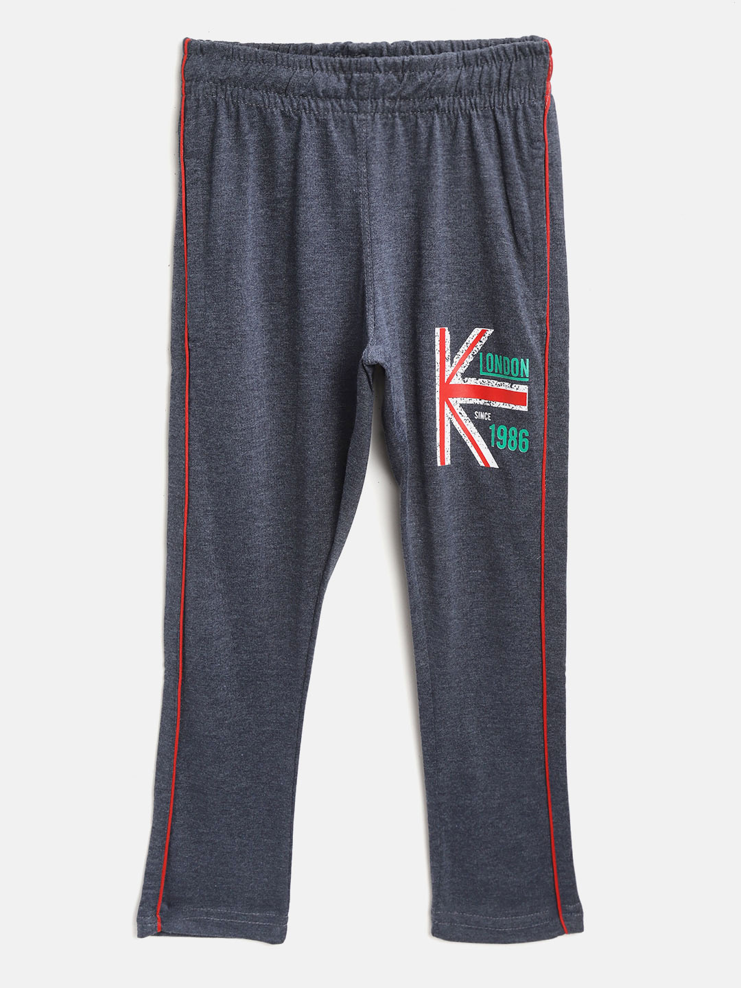 CHIMPRALA Kids Navy Blue Solid Cotton Antimicrobial Track Pants with Printed Detail