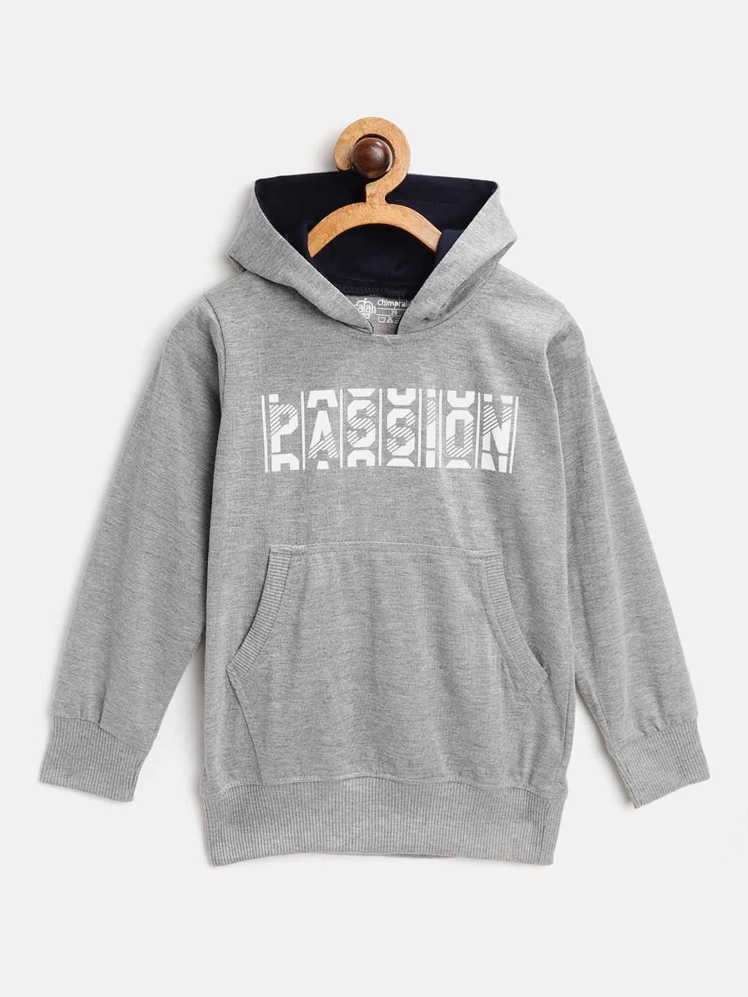 CHIMPRALA Kids Grey Melange & White Printed Cotton Hooded Antimicrobial Sweatshirt