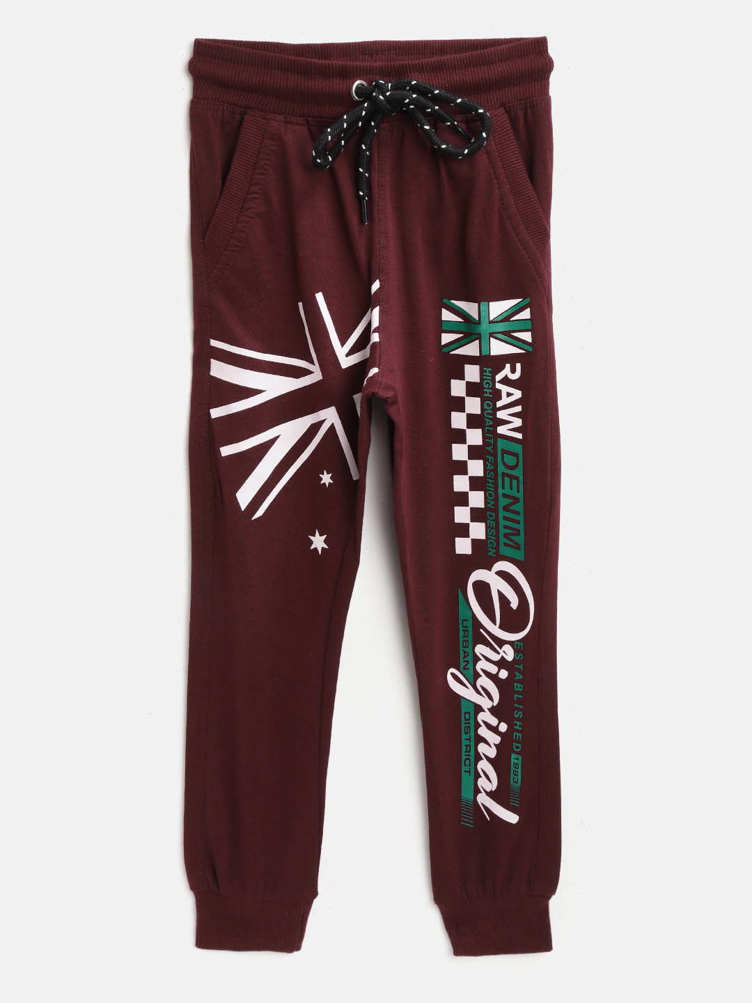 CHIMPRALA Kids Burgundy & White Printed Cotton Antimicrobial Joggers