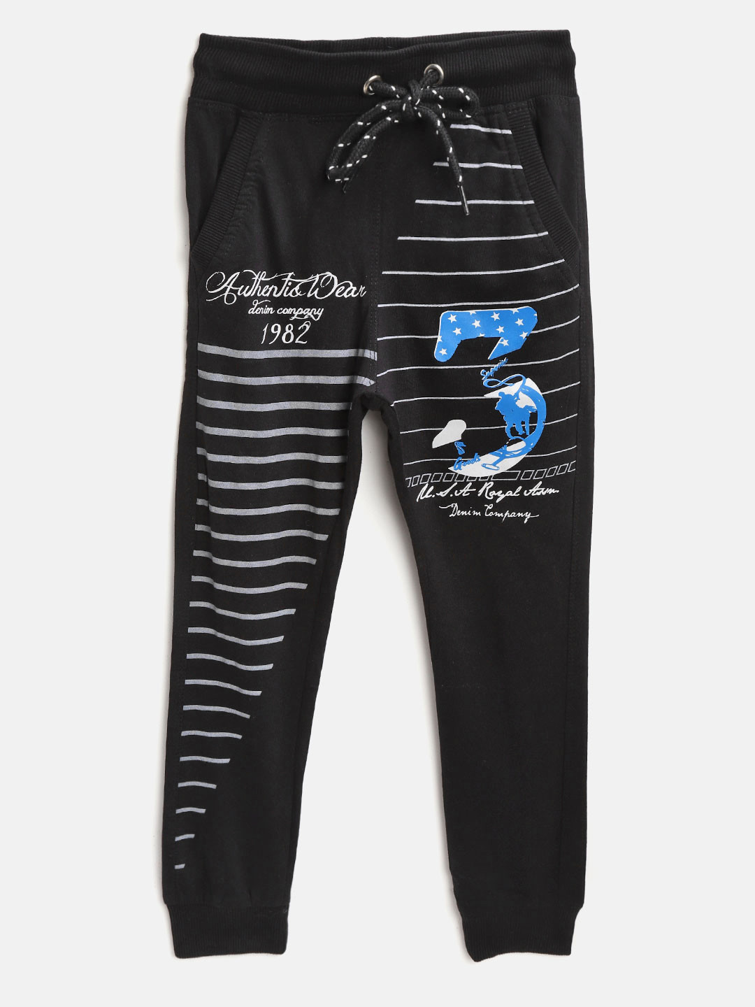 CHIMPRALA Kids Black & Grey Striped Cotton Antimicrobial Joggers with Printed Detail