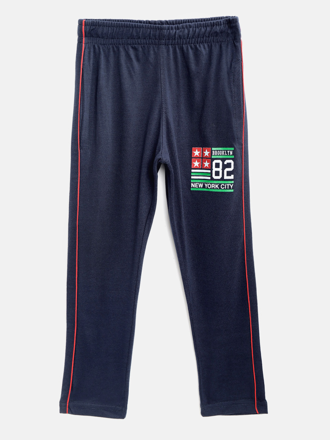 CHIMPRALA Kids Navy Blue Solid Cotton Antimicrobial Track Pants with Printed Detail