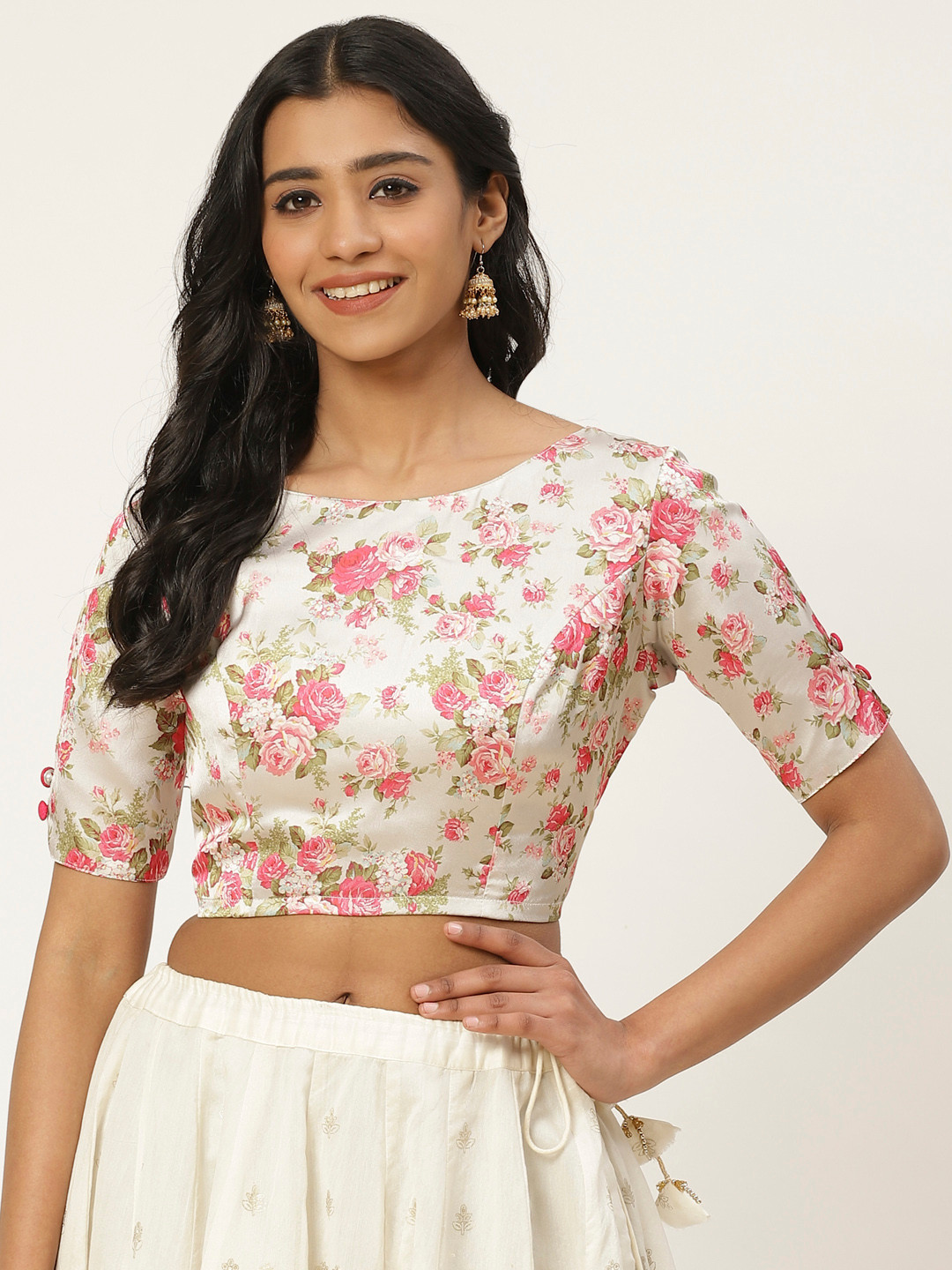 Studio Shringaar Women Off-White & Pink Satin Finish Floral Print Saree Blouse