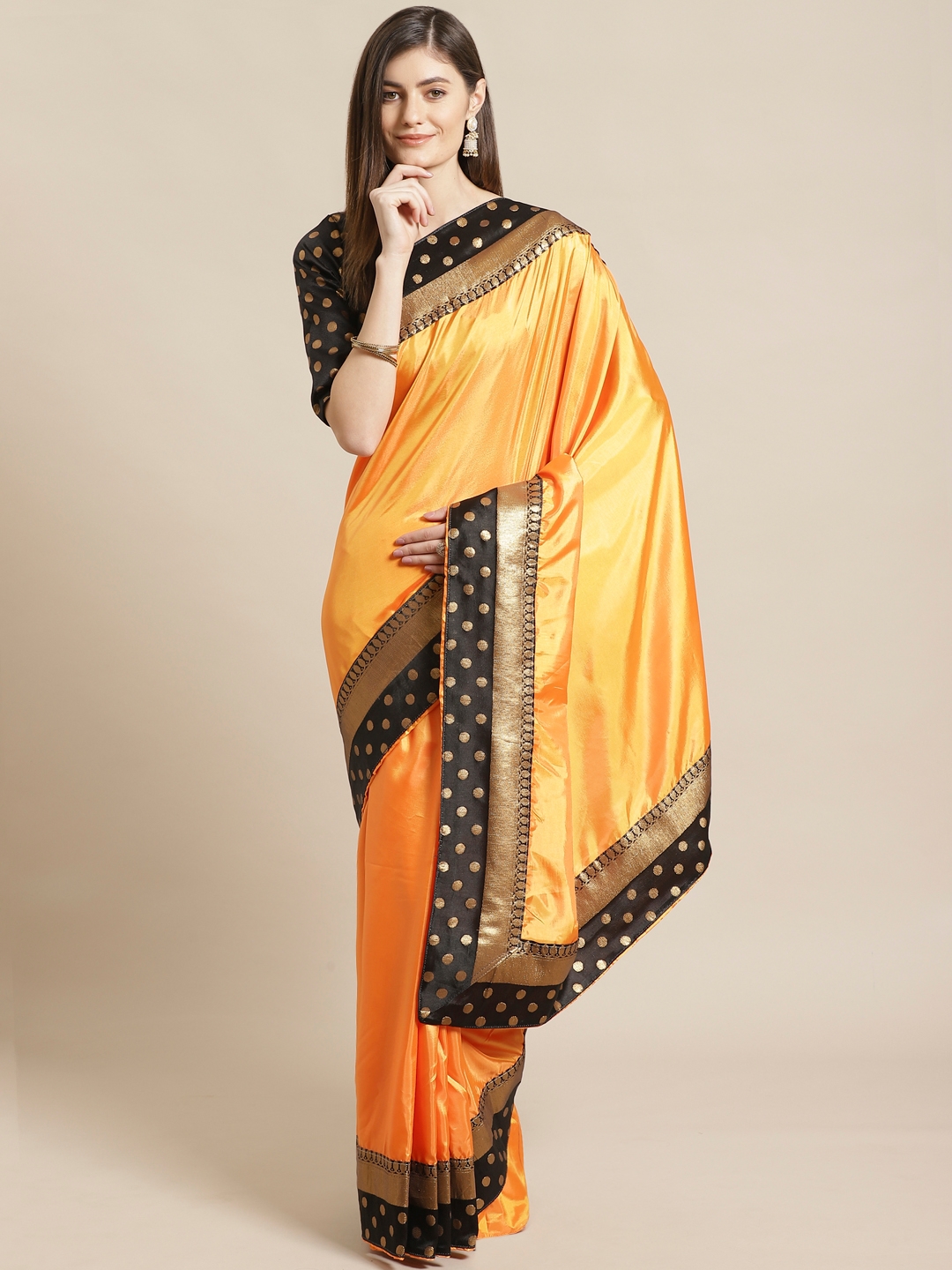 Readiprint Fashions Orange   Black Art Silk Solid Saree
